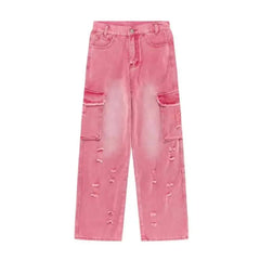 Pink Jeans Hip Hop Style High Waist Wide Leg Straight Pants