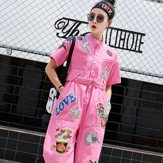 Pink Jumpsuit with Beautiful Color Embroidery / L