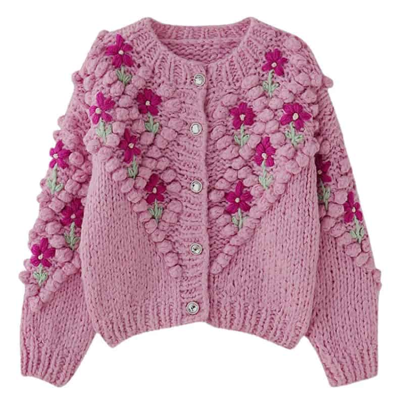 Knitted Y2K Aesthetic Button Up Long Sleeve Cardigan in pink with floral design.