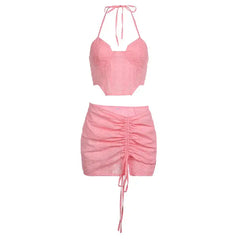 Pink Lace Hollow Strap Irregular Dress Set / S