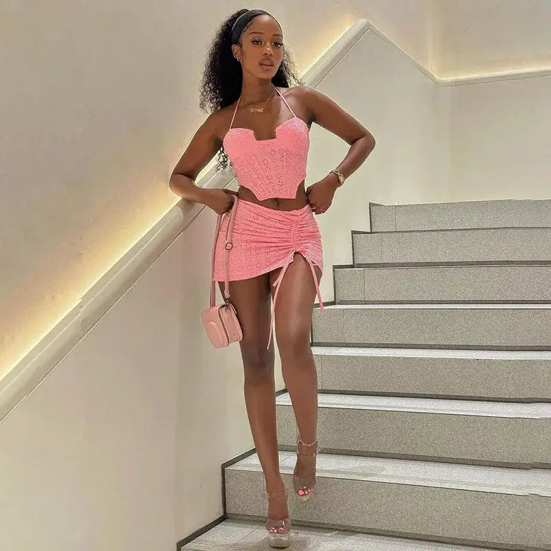 Pink Lace Hollow Strap Irregular Dress Set