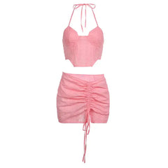 Pink Lace Hollow Strap Wrap Chest Irregular Dress Set
