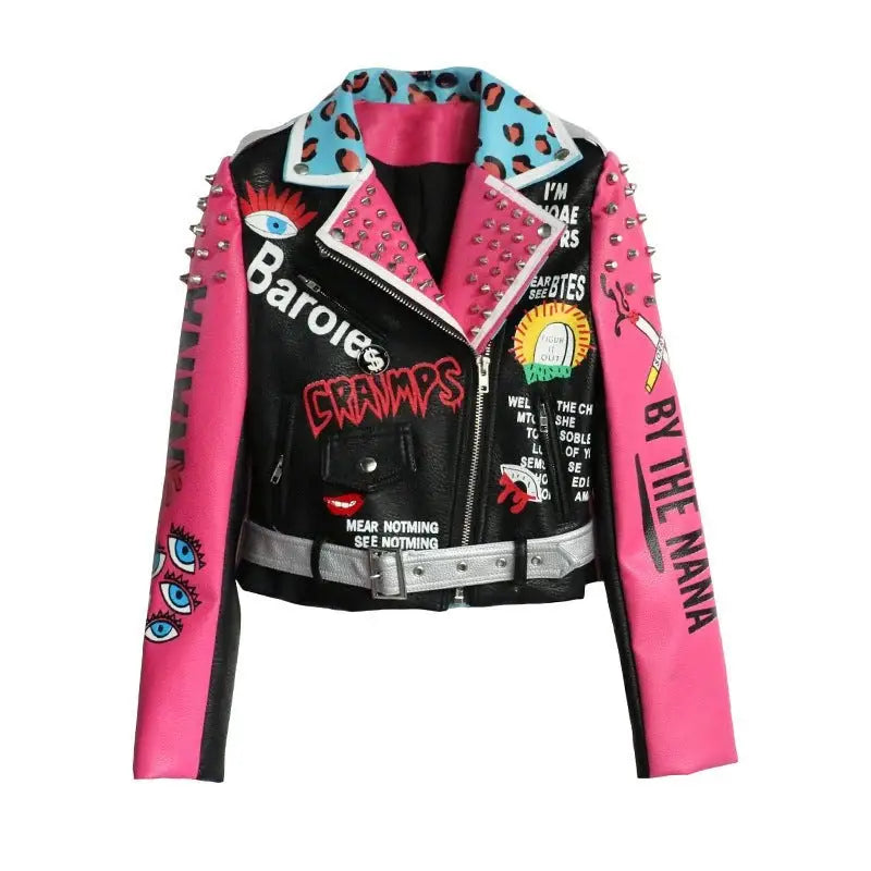 Pink Leopard Motorcycle PU Vegan Leather Jacket - S