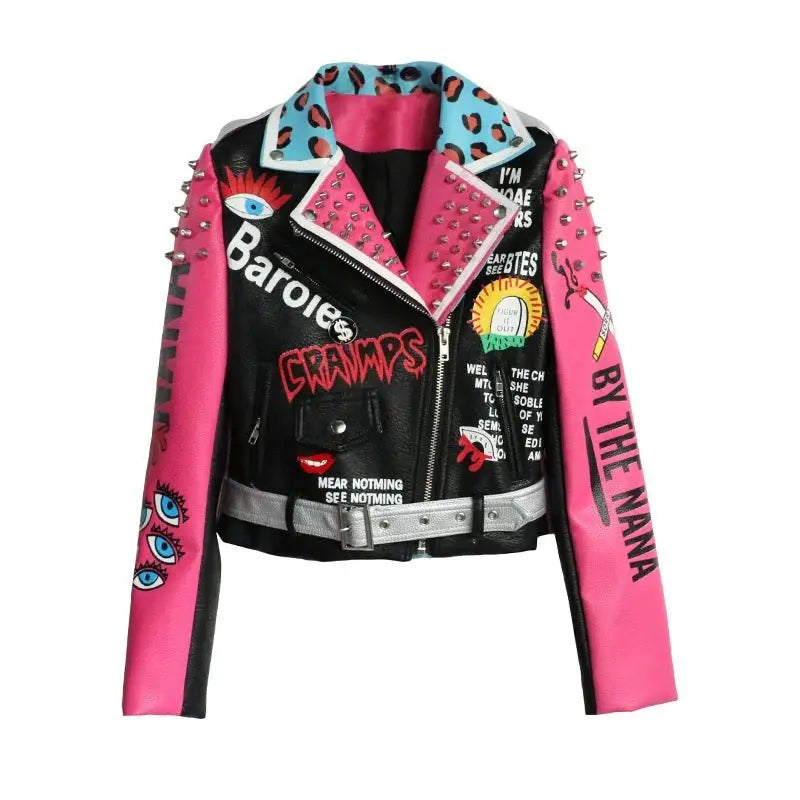 Pink Leopard Motorcycle PU Vegan Leather Jacket