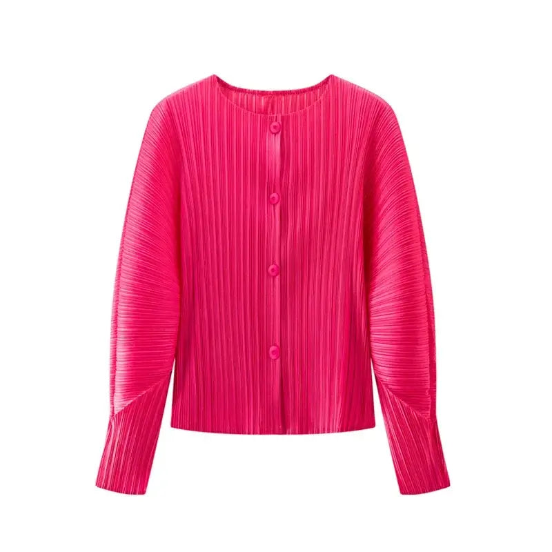 Round Neck Knit Long Sleeve Button Up Cardigan in vibrant pink, featuring a sleek button-up design for bold style and comfort