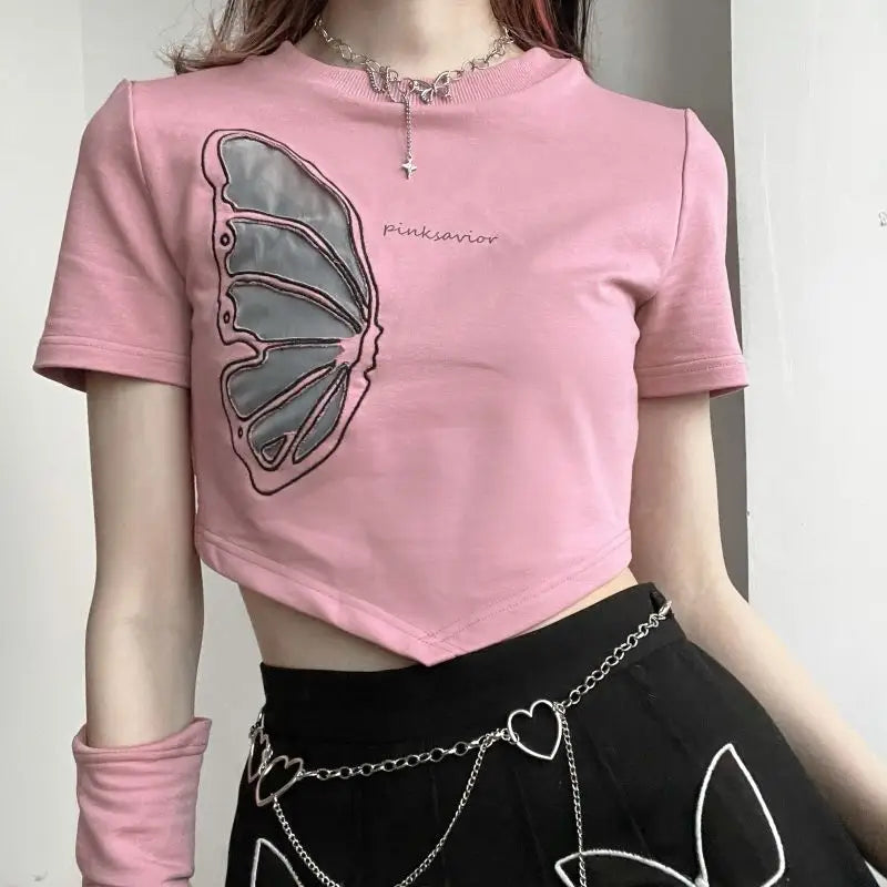 Pink Savior Butterfly Wing Crop Top with Long Gloves