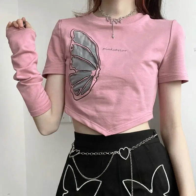 Pink Savior Butterfly Wing Crop Top with Long Gloves / S
