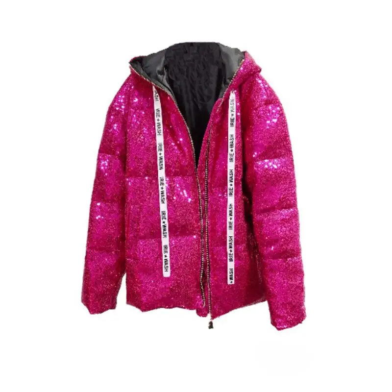 Pink Sequins Hologram Winter Hooded Coat / S