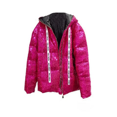 Pink Sequins Hologram Winter Hooded Coat / S