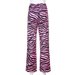 Pink Zebra Flared Pants Aesthetics High Waisted Style