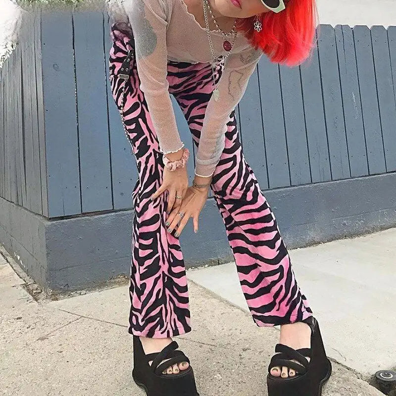 Pink Zebra Flared Pants Aesthetics High Waisted Style