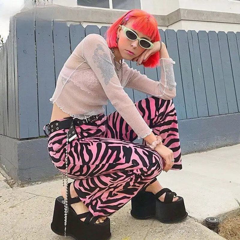 Pink Zebra Flared Pants Aesthetics High Waisted Style