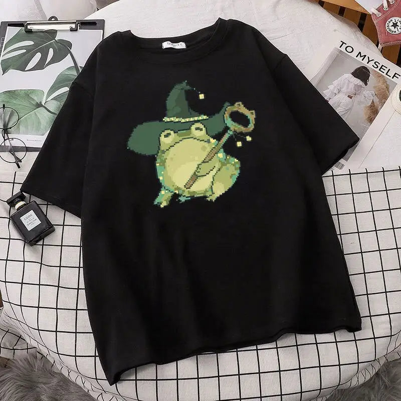Pixel Wizard Frog Printed T-shirt - Black / S - T-Shirt
