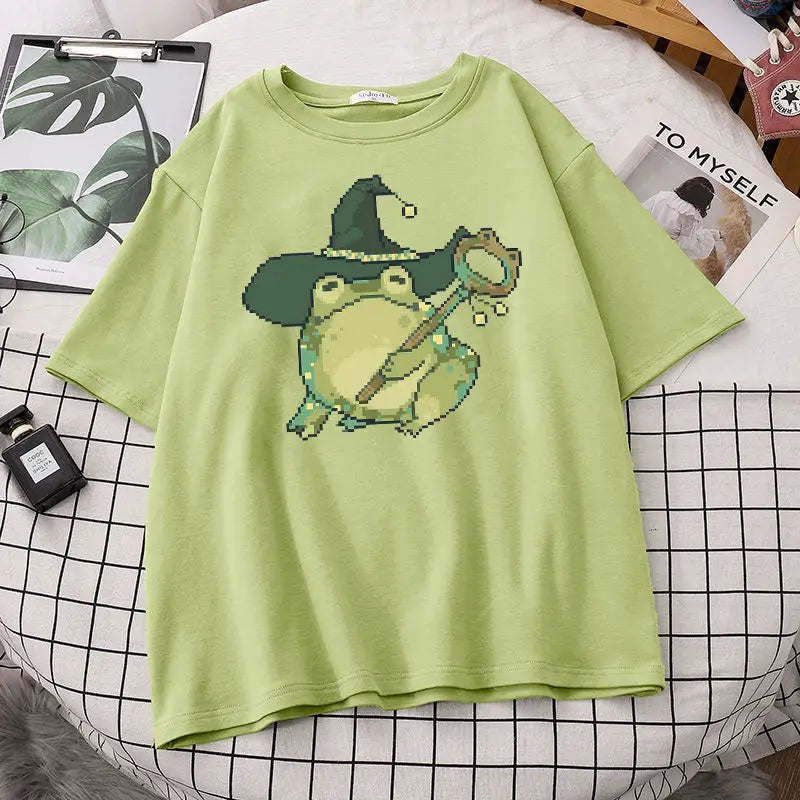 Pixel Wizard Frog Printed T-shirt - Green / S - T-Shirt
