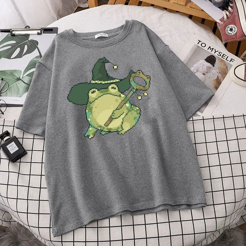 Pixel Wizard Frog Printed T-shirt - Grey / S - T-Shirt