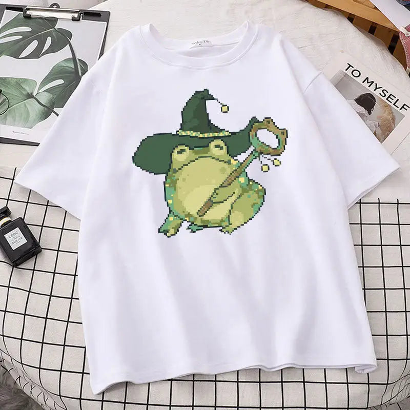 Pixel Wizard Frog Printed T-shirt - White / S - T-Shirt