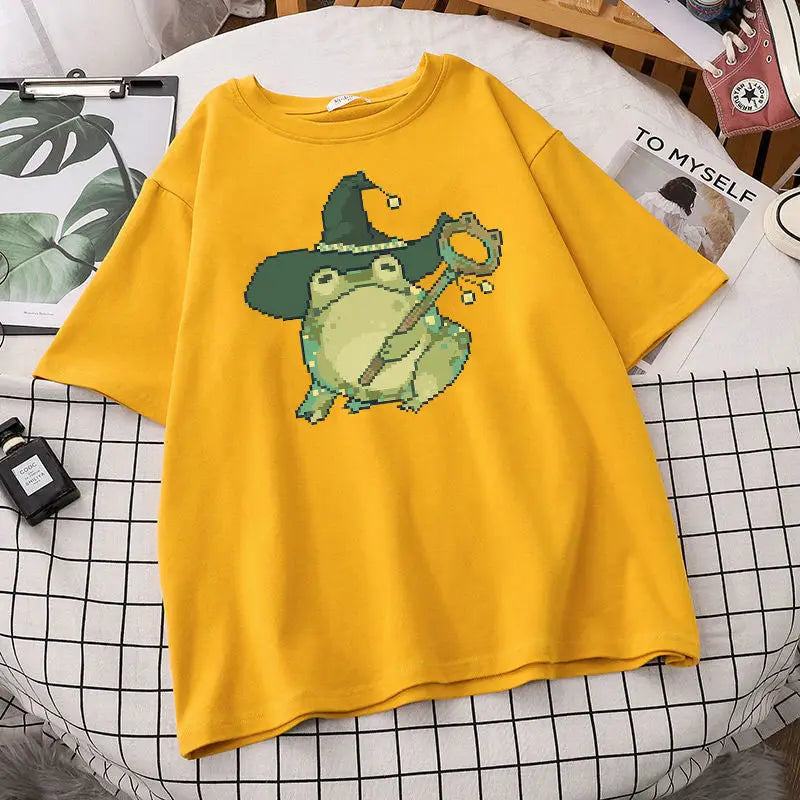 Pixel Wizard Frog Printed T-shirt - Yellow / S - T-Shirt