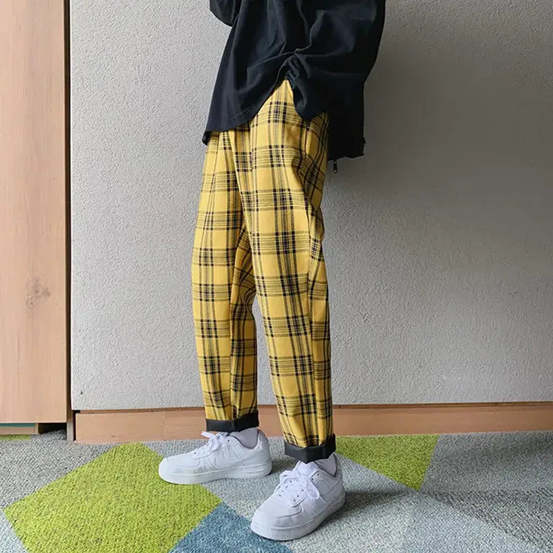 Plaid Ankle Pants - Yellow / M