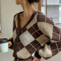 Plaid Argyle Long Sleeve Knitted Cardigan