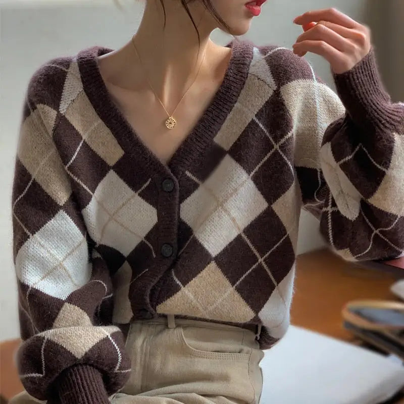 Plaid Argyle Long Sleeve Knitted Cardigan