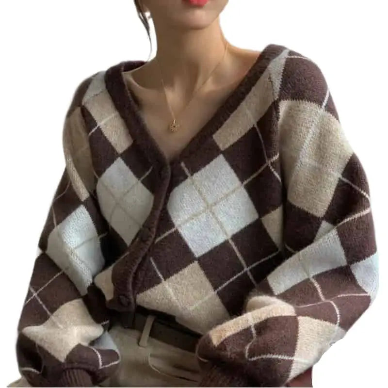 Plaid Argyle Long Sleeve Knitted Cardigan