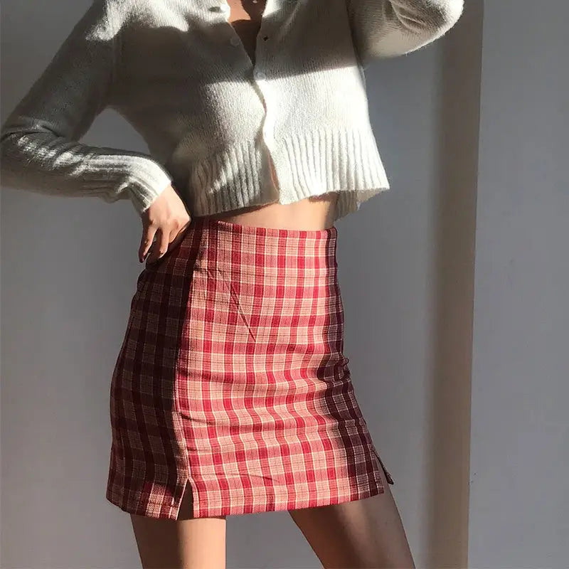 Plaid Double Slits Short Skirt for Women