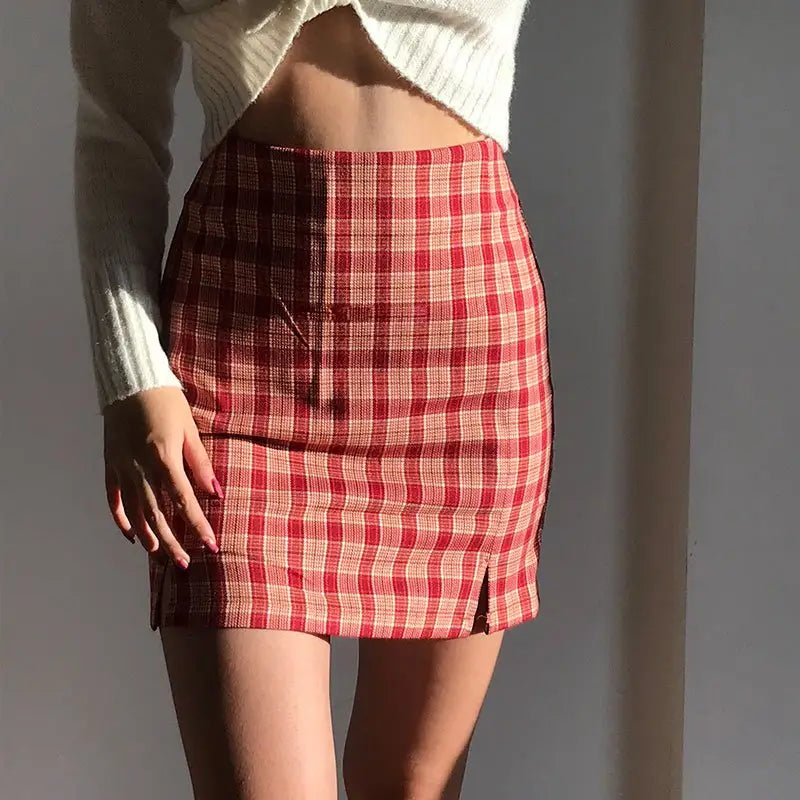 Plaid Double Slits Short Skirt for Women
