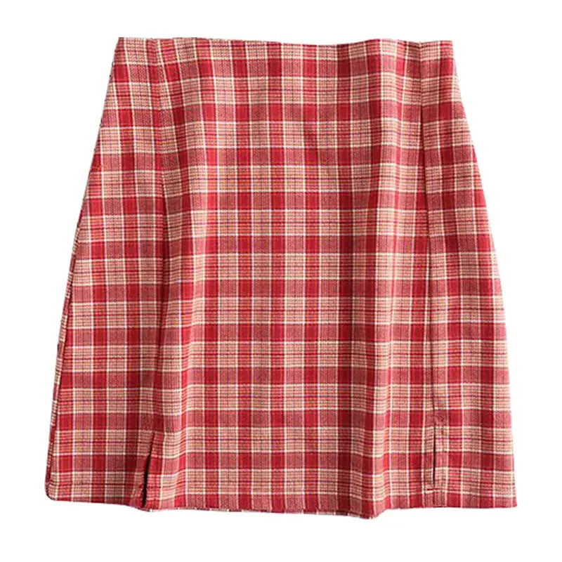 Plaid Double Slits Short Skirt for Women Red / S