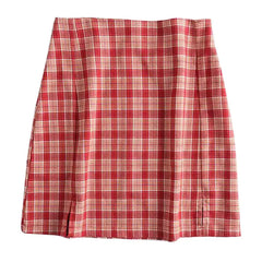 Plaid Double Slits Short Skirt for Women Red / S