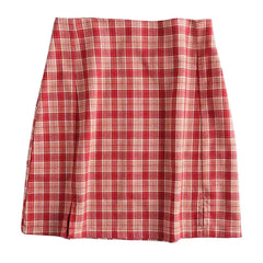 Plaid Double Slits Short Skirt - Red / S