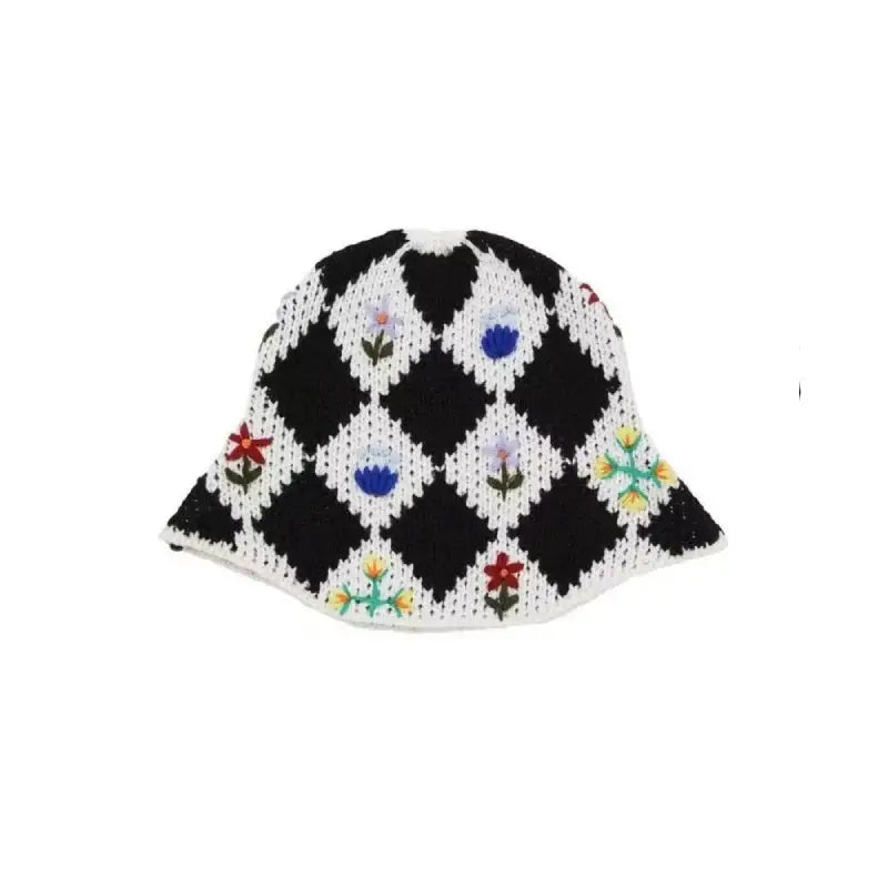 Plaid Embroidered Flowers Knitting Bucket Hat