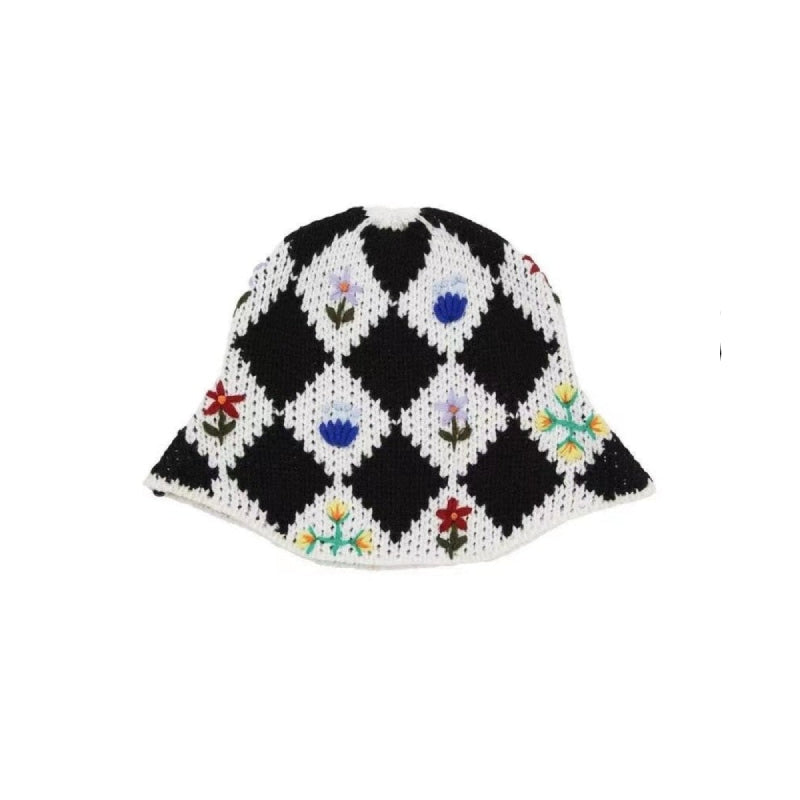 Plaid Embroidered Flowers Knitting Bucket Hat - Black / One