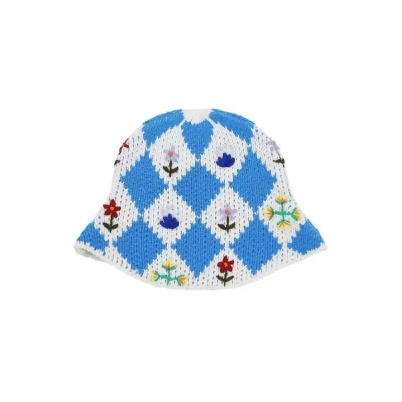 Plaid Embroidered Flowers Knitting Bucket Hat