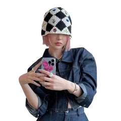 Plaid Embroidered Flowers Knitting Bucket Hat Cotton Acrylic