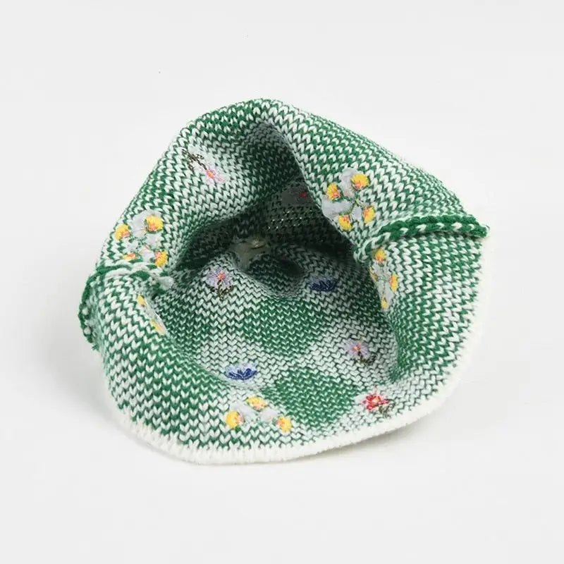 Plaid Embroidered Flowers Knitting Bucket Hat Cotton Acrylic