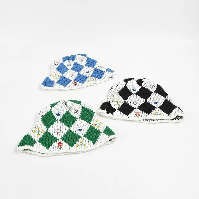 Plaid Embroidered Flowers Knitting Bucket Hat Cotton Acrylic