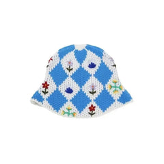 Plaid Embroidered Flowers Knitting Bucket Hat Cotton