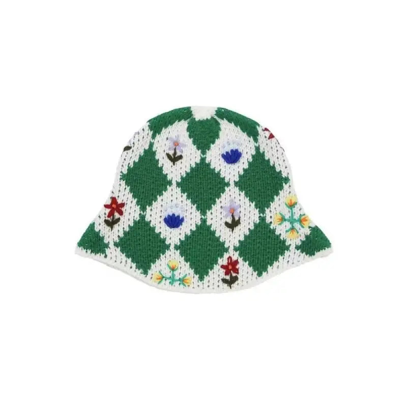 Plaid Embroidered Flowers Knitting Bucket Hat