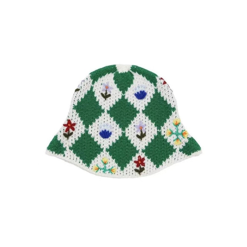 Plaid Embroidered Flowers Knitting Bucket Hat - Green / One