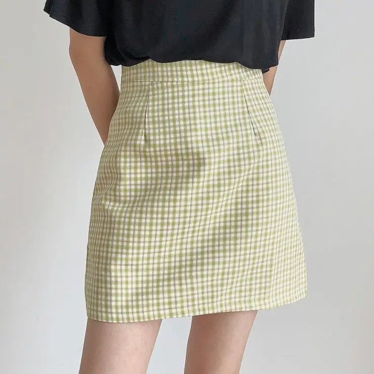 Plaid Korean A-line Short Skirt High Waist with Belt