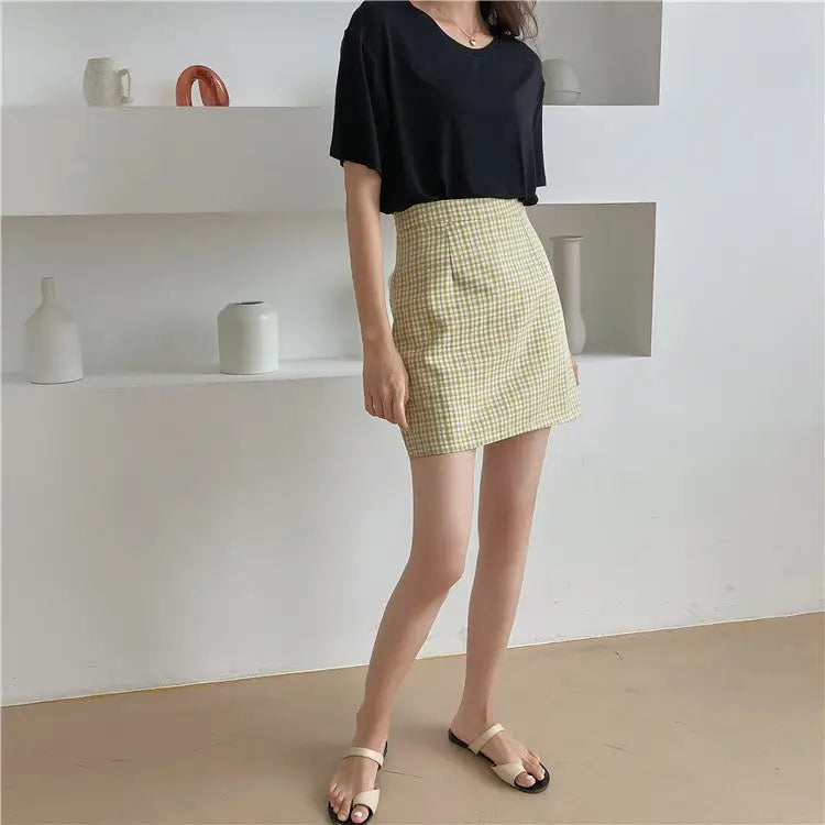 Plaid Korean A-line Short Skirt High Waist with Belt
