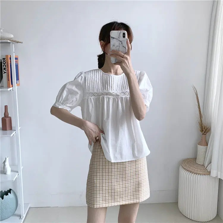 Plaid Korean A-line Short Skirt High Waist with Belt