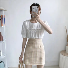 Plaid Korean A-line Short Skirt High Waist with Belt