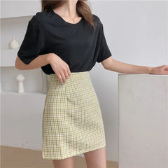 Plaid Korean A-line Short Skirt High Waist with Belt