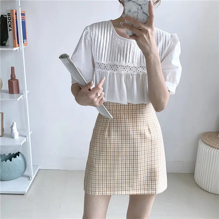 Plaid Korean A-line Short Skirt High Waist with Belt