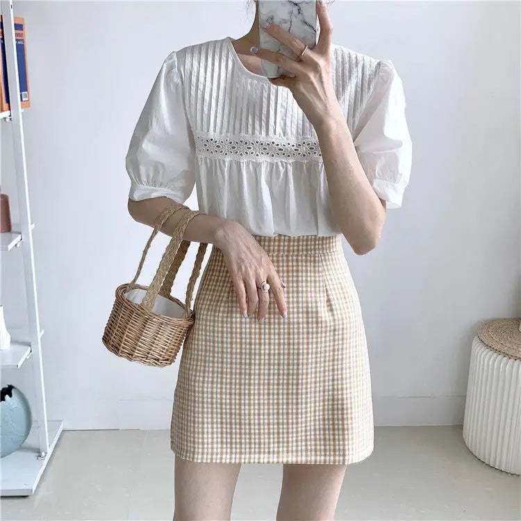 Plaid Korean A-line Short Skirt High Waist with Belt