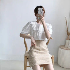 Plaid Korean A-line Short Skirt High Waist with Belt
