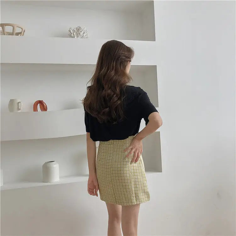 Plaid Korean A-line Short Skirt High Waist with Belt