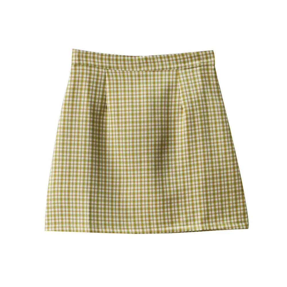Plaid Korean A-line Short Skirt High Waist with Belt Beige