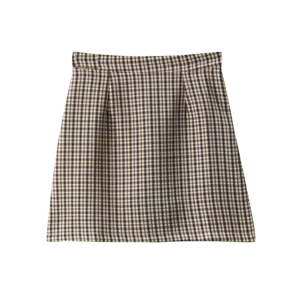 Plaid Korean A-line Short Skirt High Waist with Belt Grey